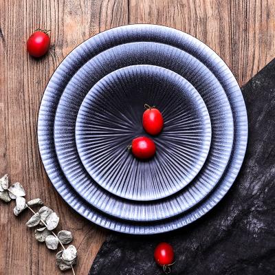 China Sustainable Dinner Dish Sets Ceramics Restaurant Porcelain Durable Black Radial Patter Round Dish With White Color Decorated Edge for sale