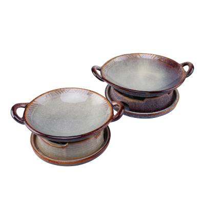 China Fambe Viable Gradient Color Round Heatable Dishes With Two Ears And Pedestals for sale