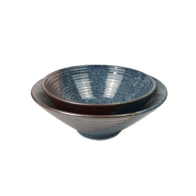 China Viable Japanese Noodle Bowl 7.75 Inch 9.25 Inch Ceramic Horizontal Line Deep Bowl Blue Color And Brown Color For Restaurant And Hotel for sale