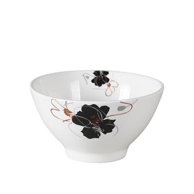 China Viable Home Restaurant Popular Hotel Use 5 Inch White Rice Bowl Salad Bowl Dessert Ceramic Dessert Bowl With Black Color Flower Decor Printing for sale