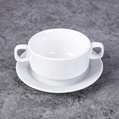 China Sustainable Wholesale Hotel Use And Manufacture Restaurant Use White Ceramic Porcelain Soup Cup With Double Handle And Saucer Set for sale