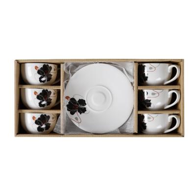 China Sustainable Wholesale Cheap Modern Style Decal White Porcelain Coffee Tea Cup Saucers Set 6 Pieces With Packing Can Be Customized for sale