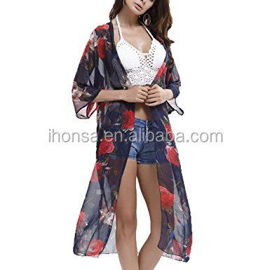 China Newest Bulk Sale Women's Beachwear Swimwear Bikini Cover Up Anti-static Hot Sexy Image Long Oversized Cardigan Cover Ups Chiffon Beach Dress for sale