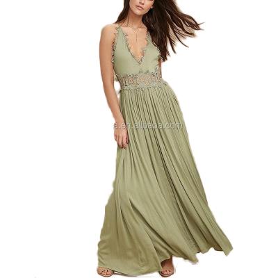 China Hand Wash Maxi Dresses 2021 Women Boho Style Green Lace Spaghetti Straps Wise Maxi Dresses Women Wholesale for sale