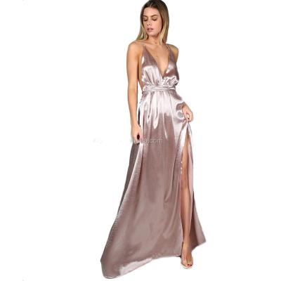 China Anti-Static Pink Plunge Neck Maxi Crisscross Back High Sexy Side Split Slim Bodycon Evening Dress for sale