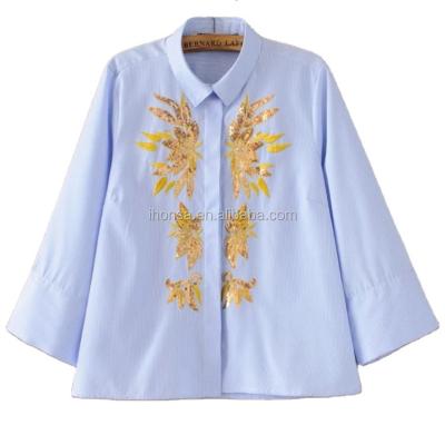 China Spring Viable Hot Sale Blue Striped Sequin Embroidered Beaded Blouse Women Plus Size Women's Blouses And Shirts for sale