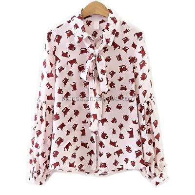 China Anti-Wrinkle Spring Pink Cat Print Bow Tie Drop Shoulder Seam Blouse Women for sale