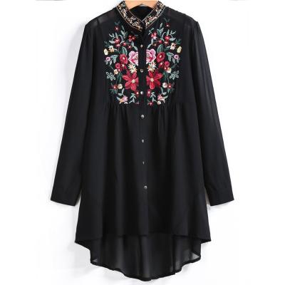 China Breathable New Fashion Black Long Sleeve Embroidered Dipped Edge Blouse for sale