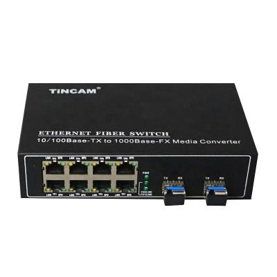 China Telecommunication TINCAM 10/100/1000Mbps 2 SFP Port Rj-45 Switch Fiber Optic Media Converter 10 Ports Optical Converter for sale