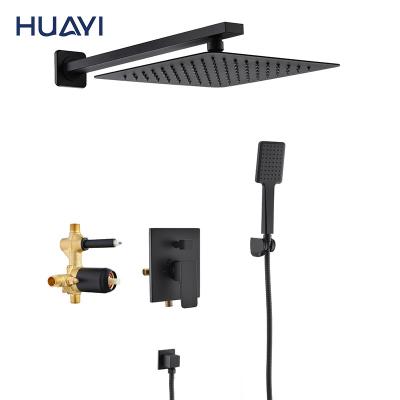 China Without Slide Bar Huayi Bathroom In-wall Rain Shower Faucet Set Matte Black Concealed Shower Mixer for sale