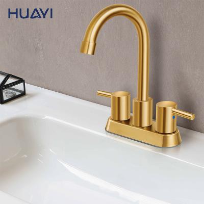 China Huayi Dual Handle Basin Mixer Tap Bathroom Sink Faucet Gold Metered Bathroom Faucets for sale