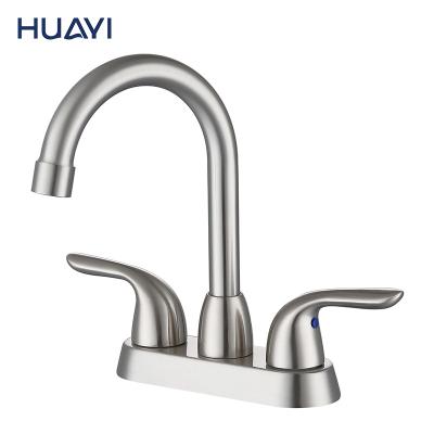 China Huayi Metered Faucets Brushed Nickel Basin Mixer Water Tap Bathroom Basin Faucet With Double Handles for sale