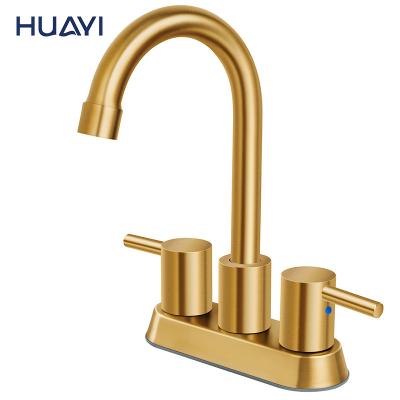 China Huayi Metered Faucets 4 Inch 3 Holes Double Handle Gold Faucets Luxury Brushed Bathroom Basin Faucets for sale