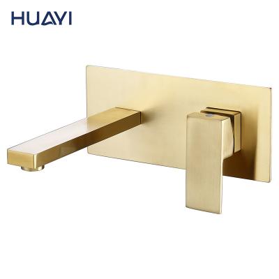 China Huayi Metered Faucets Brushed Brass Basin Faucet Concealed Wall Mounted Bathroom Mixer Basin Faucet for sale