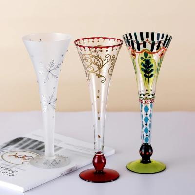 China Fashion Hand Painted Goblet Champagne Glasses Artificial Painting Glass Nordic Style Cocktail Cups Creative Wine Cup for sale