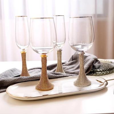 China The Bottom Luxury Luxury Diamond Wine Glass Cups Set Crystal Goblet Champagne Cup Metal Diamond Glass for sale