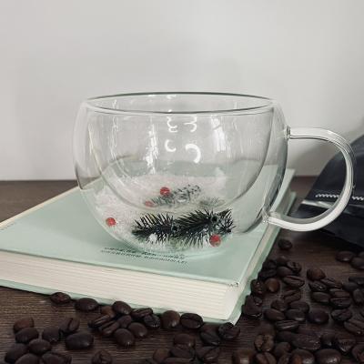 China Sustainable High Borosilicate Household Transparent Christmas Snow Insulated Double Coffee Mug for sale