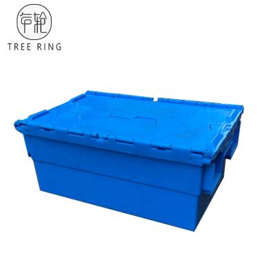 China Stackable Recycled Materials And Storage Box Tote With Hinged Sturdy Plastic Movable Lids In Blue 600*400*260 Mm for sale