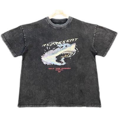 China Breathable Represent Niche Shark Printing Old Vintage Damage FOG High Street Washed Short Sleeve T-Shirts for sale