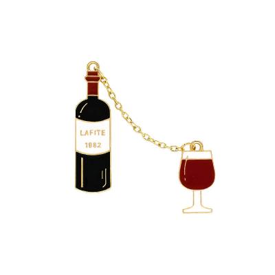 China Creative Fashion 3D Red Wine With Glass Badge Maker Cheap Custom Metal Lapel Pin Badge With Chains for sale