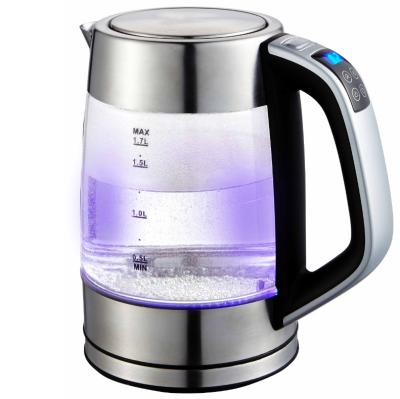 China Portable Electric Bottle 1.7L Electric Glass Kettle 360 ​​Degree Rotation Base Borosilicate Water Tea Kettle with Blue LED Light for sale