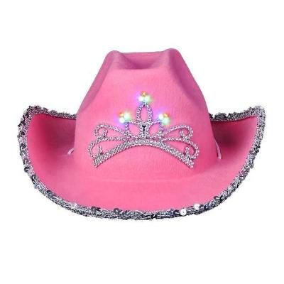 China Beauty Decorations Allinthree factory wholesale pink feather cowgirl party costume black white hat with light up tiara for sale