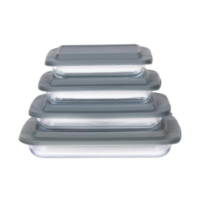 China 4 Sets Sustainable Rectangular Glass Bakeware Set Colorful Lid PP Borosilicate Glass Baking Tray Top for sale