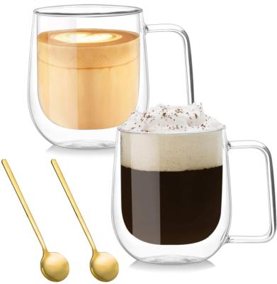 China Sustainable Custom Water Drinking Double Wall Borosilicate Glass Clear Coffee Mugs Cup With Lids And Handle for sale