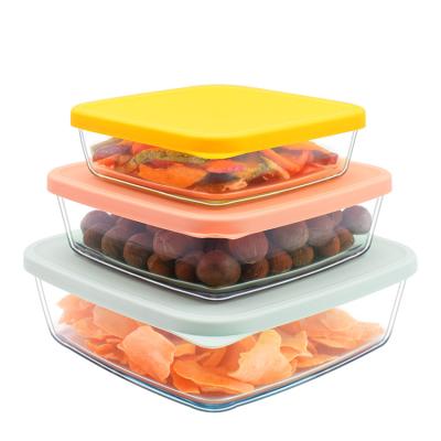 China Simple Design Food Storage Container Glass Food Box Microwavable Container With BPA Free PE Multi Colored Lids for sale