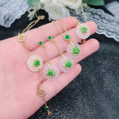 China Romantic Antique Heirloom Enamel Lotus Inlaid Imitation Jade Donut Earrings/HOYON Color Pendant/Ring/Bracelet Set 24K Gold for sale