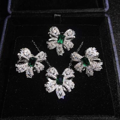 China High Fashion Jewelry Religious Butterfly Jewelry Set Natural Silver Color Emerald Bow Necklace Ring Earrings S925 for sale