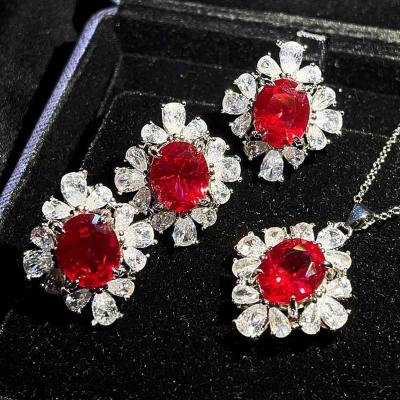 China Custom Jewelry High Colorful Treasure Full Diamond Red Corundum Ring Earrings Romantic Pendant Necklace Set For Woman for sale