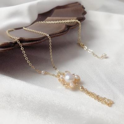 China Vintage Natrual Pearl Necklace 14K Gold Elegant Freshwater Women's Chain Necklace For Wedding Engagement Jewelry Gifts Female for sale