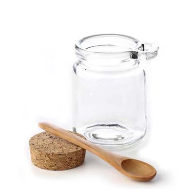 China Cosmetic In Stock 8oz 250ml Storage Jar Food Packing Container Round Empty Clear Glass Honey Jar Bath Salt Jar With Cork And Wooden Spoon for sale