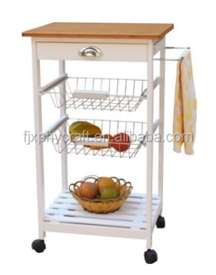 China Kitchen Serving Trolley Wooden Bamboo Top Cart With Storage Baskets for sale