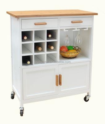 China Bamboo Wooden Top Kitchen Cart With Storage Cabinet And Wine Rack for sale