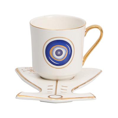 China Creative Blue Eyes Gold Painted Porcelain Coffee Cup Saucer Turkish Ottoman Red Tea Cup and Saucer Set for sale