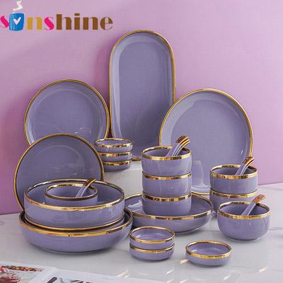 China Nordic Style Light Luxury Dishes Set Home Creative Phnom Penh Purple Ceramic Tableware Bowl and Vegetable Plate Soup Bowl Set en venta