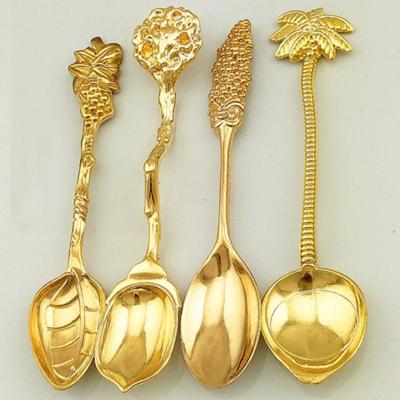 中国 tropical boho homeware Golden cutlery palm tree spoon set retro coffee ice cream spoon 販売のため