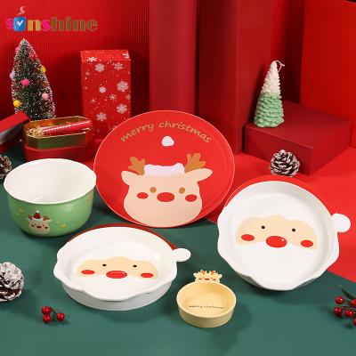 China 2022 New Christmas Decoration Dinner Plate Cartoon Elk Xmas Ceramic Dinnerware Sets zu verkaufen