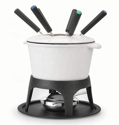 China Durable cast iron fondue pot and 6 fondue forks included for cheese or chocolate fondue for sale