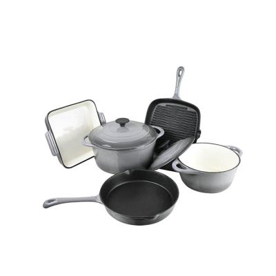 China Sustainable high quality cast iron cooking pots and pans non-stick cookware casseroles set with wooden box for sale