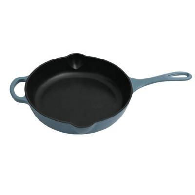 China Sustainable 28cm enamel cast iron round frypan fry pan with long handle for sale