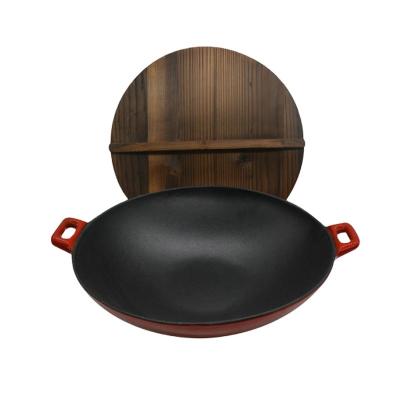 China Durable Industrial Cast Iron Enamel Coated Wok With Wood Cover for sale