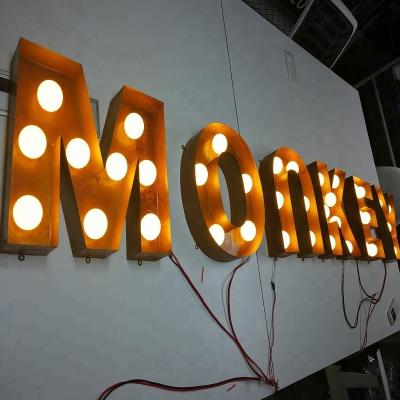 China event & Party Rusty Metal Illuminated Led Bulb Letters Custom Marquee Sign Metal Letter for sale