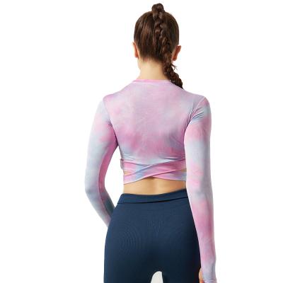 China Breathable Latest Fashion Tie Dye Crossover Design Yoga Sports Long Sleeve Top for sale