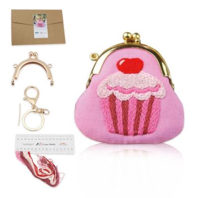 China Wholesale Durable Handmade Embroidery Key Ring Pink Cake Purse Material Package DIY Hand Embroidery Coin Bag for sale