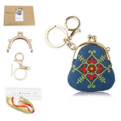 China Wholesale Durable Embroidery Key Ring Purse Material Package DIY Hand Embroidery Coin Bag for sale