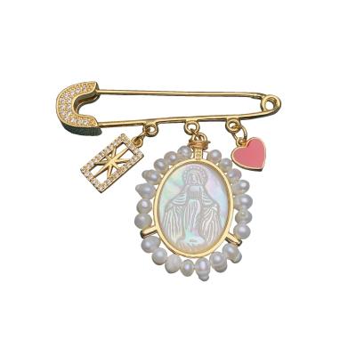 China ALLOY Fashion MPO Shell Pearl Zircon Virgin Mary Medal Brooches Pin For Women Luxury Brooch Jewelry for sale