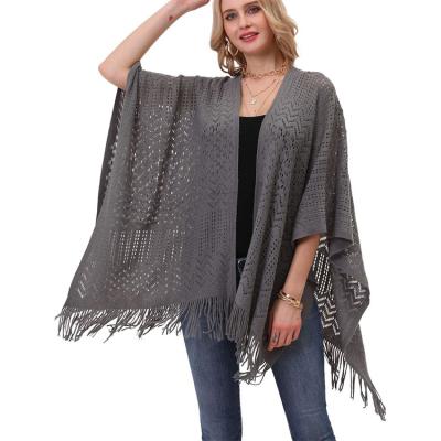 China OEM Factory Women Anti-wrinkle Fringe Poncho Sweater Cardigan Travel Dressy Knitted Knit Wrap Shawl for sale